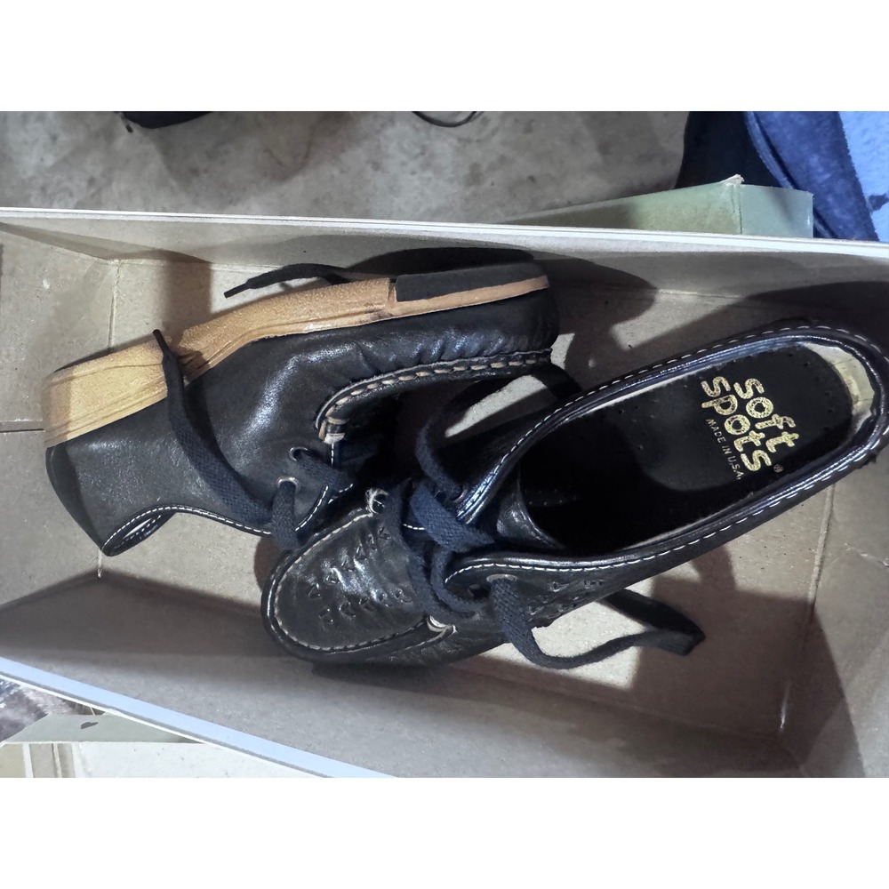 Soft Spots Bonnie Black Leather Lace Up Oxfords Wedge Shoes Made in USA 2131 G7